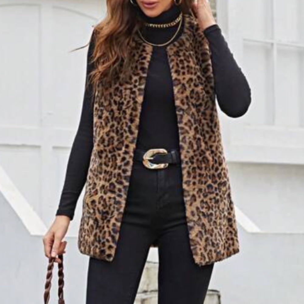 Cozy Leopard Print Open Front Oversized Vest - Picture 1 of 6